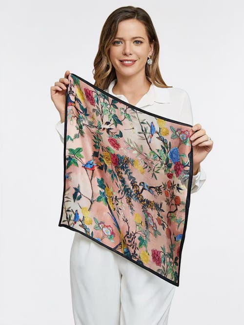 Silksilky 100% Mulberry Silk Floral Pattern Square Scarf In Pink