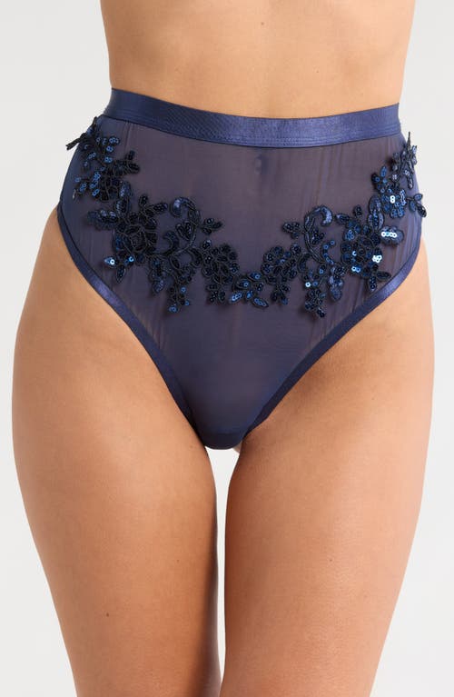 KILO BRAVA Floral Sequin High Waist Thong in Midnight Blue 