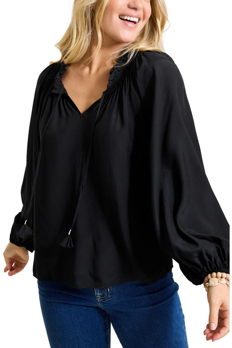 Tie Neck Peasant Top, Main, color, BLACK