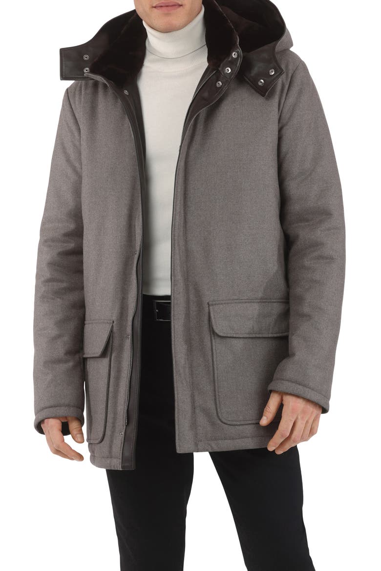 Mens Wool And Cashmere Blend Parka with Genuine Shearling Lining, Alternate, color, TAUPE/BROWN