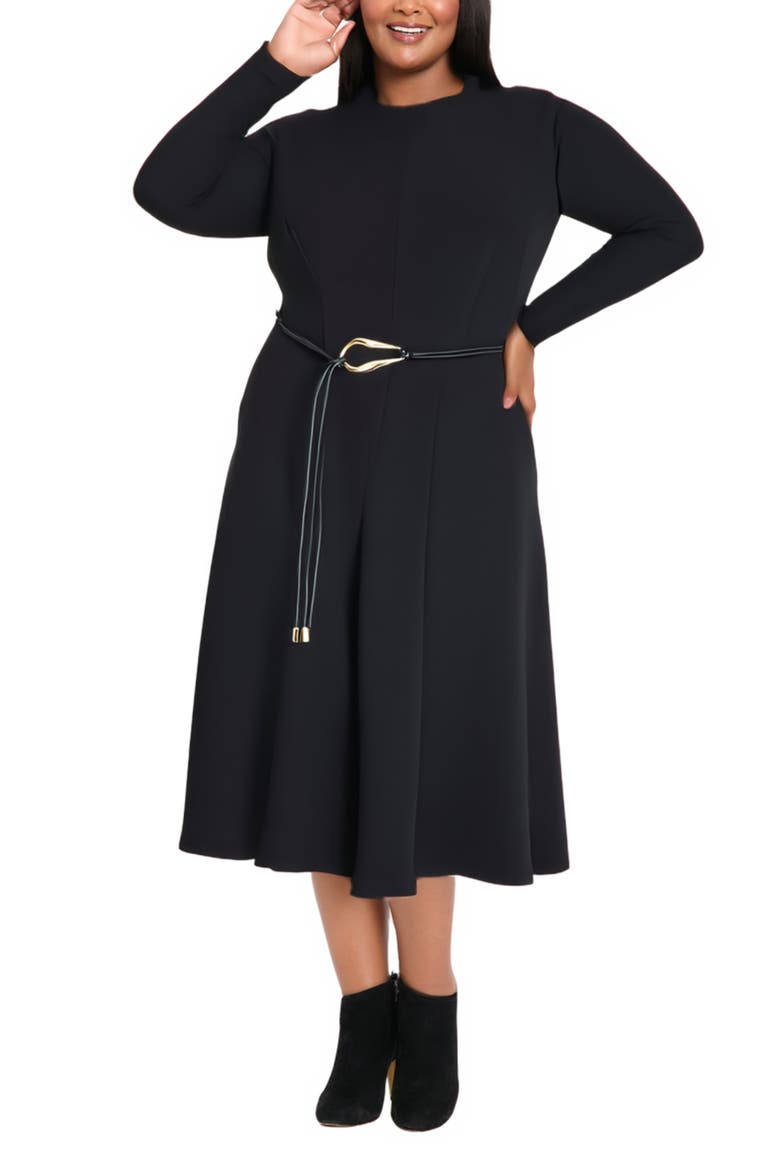 Tie Waist Long Sleeve Midi Fit & Flare Dress, Main, color, BLACK