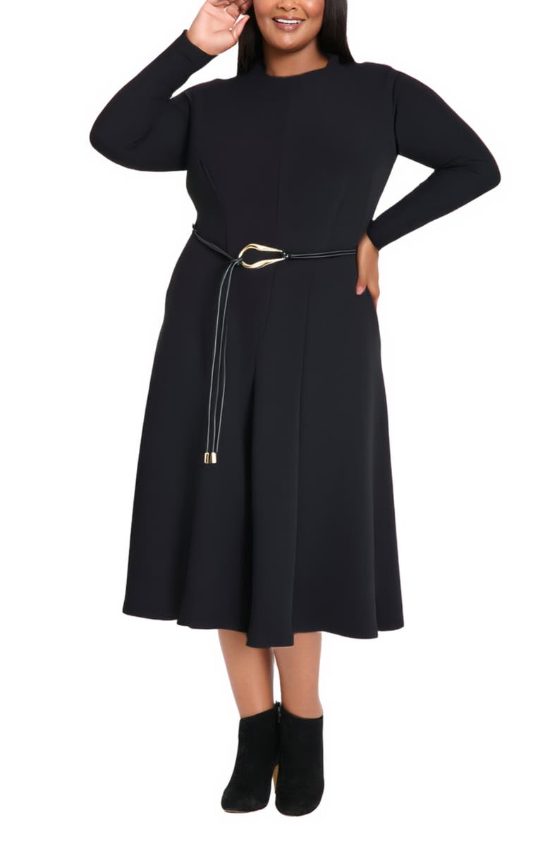 Maggy London Tie Waist Long Sleeve Midi Fit & Flare Dress, Main, color, Black