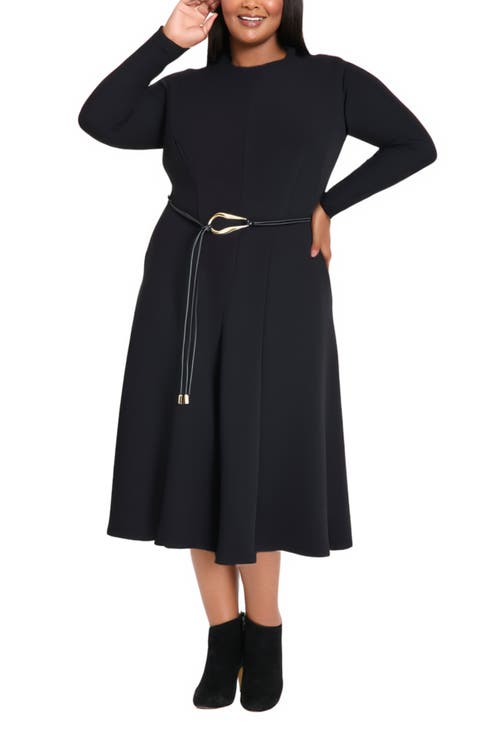 Tie Waist Long Sleeve Midi Fit & Flare Dress (Plus)