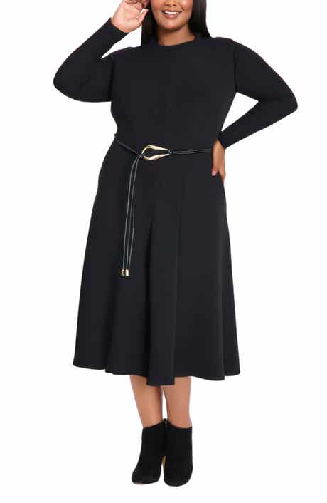 Maggy London Tie Waist Long Sleeve Midi Fit & Flare Dress