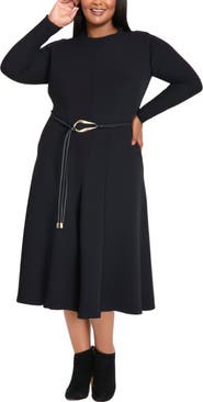 Maggy London Tie Waist Long Sleeve Midi Fit & Flare Dress
