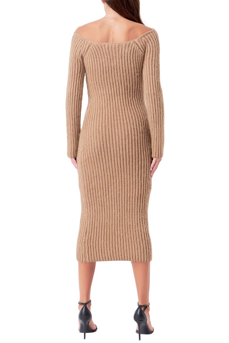 Long Sleeve Off the Shoulder Rib Midi Sweater Dress, Alternate, color, CAMEL