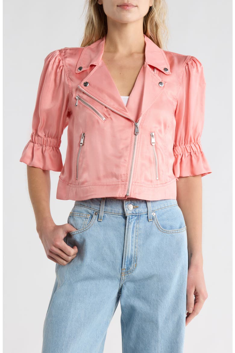 Everlee Ruffle Crop Moto Jacket, Main, color, PINK POPPY