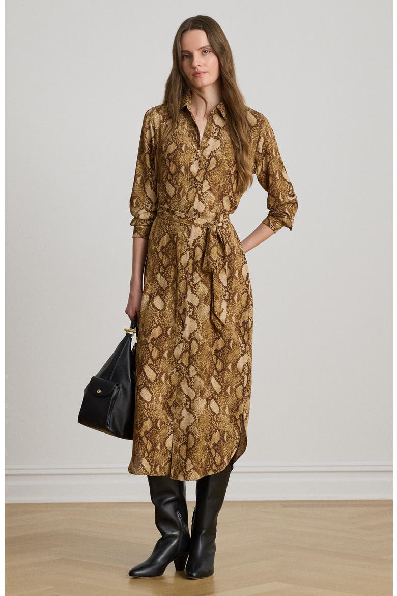 Snake Print Belted Georgette Midi Shirtdress, Alternate, color, BEIGE/ MULTI