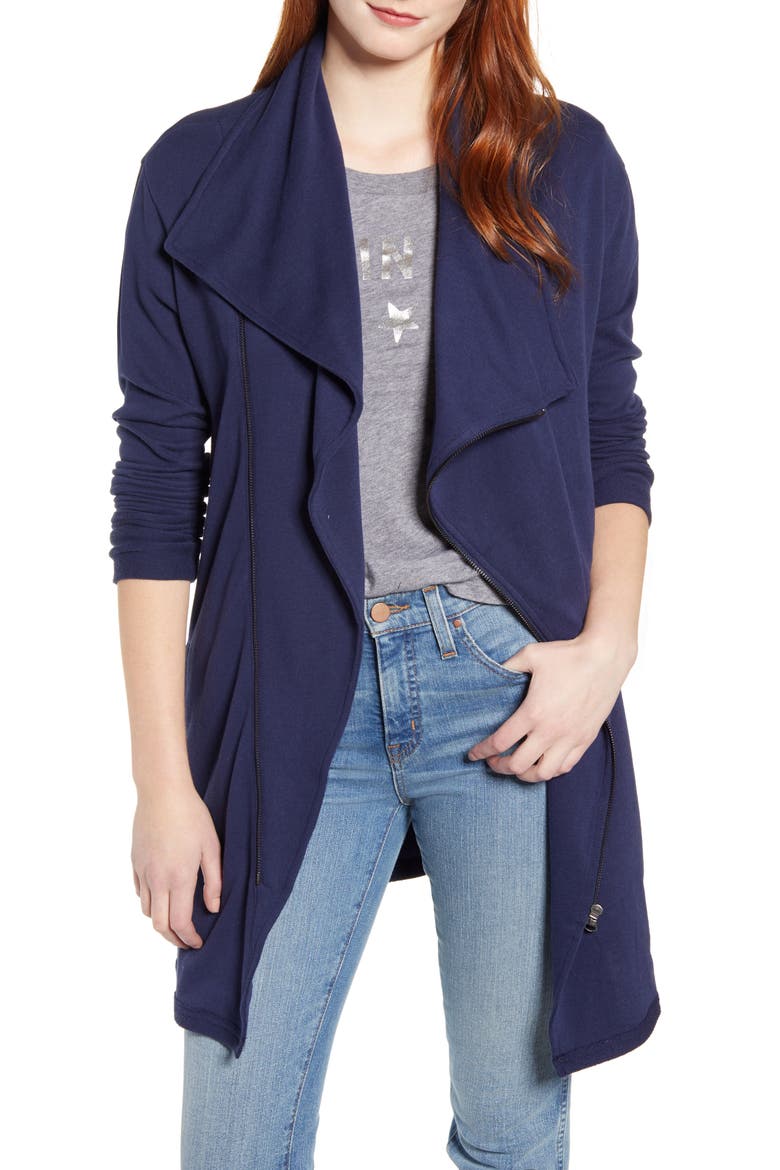 Asymmetrical Drape Collar Terry Jacket, Main, color, NAVY PEACOAT