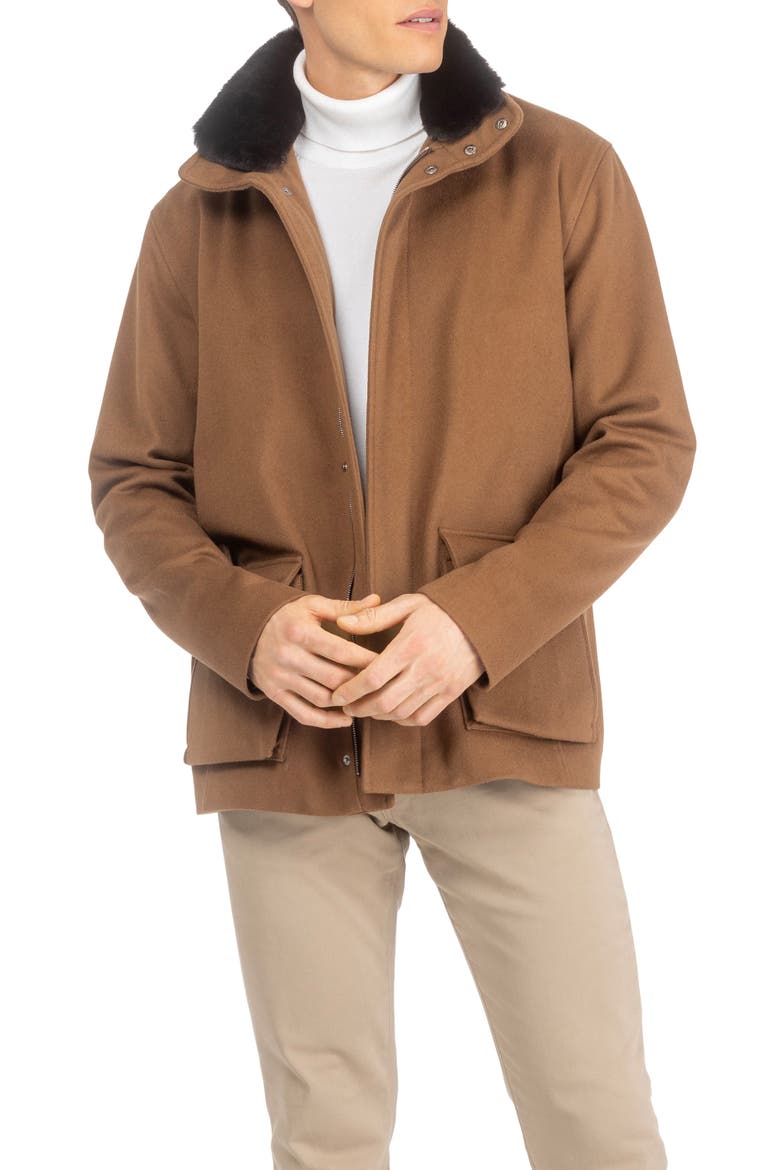 Men's Wool Jacket with Detachable Genuine Shearling Collar, Alternate, color, Whiskey/Dark Brown
