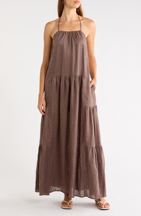 Beaded Linen Halter Maxi Dress