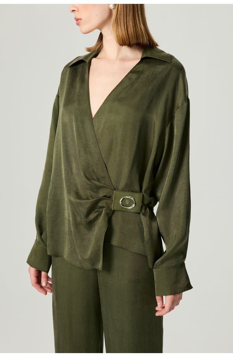 Nocturne Logo Buckle Wrap Blouse, Alternate, color, Dark Green