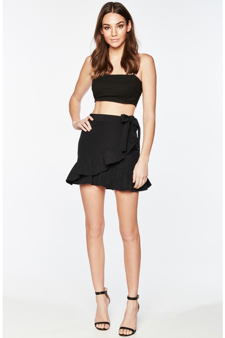 Frill Faux Wrap Skirt, Alternate, color, BLACK