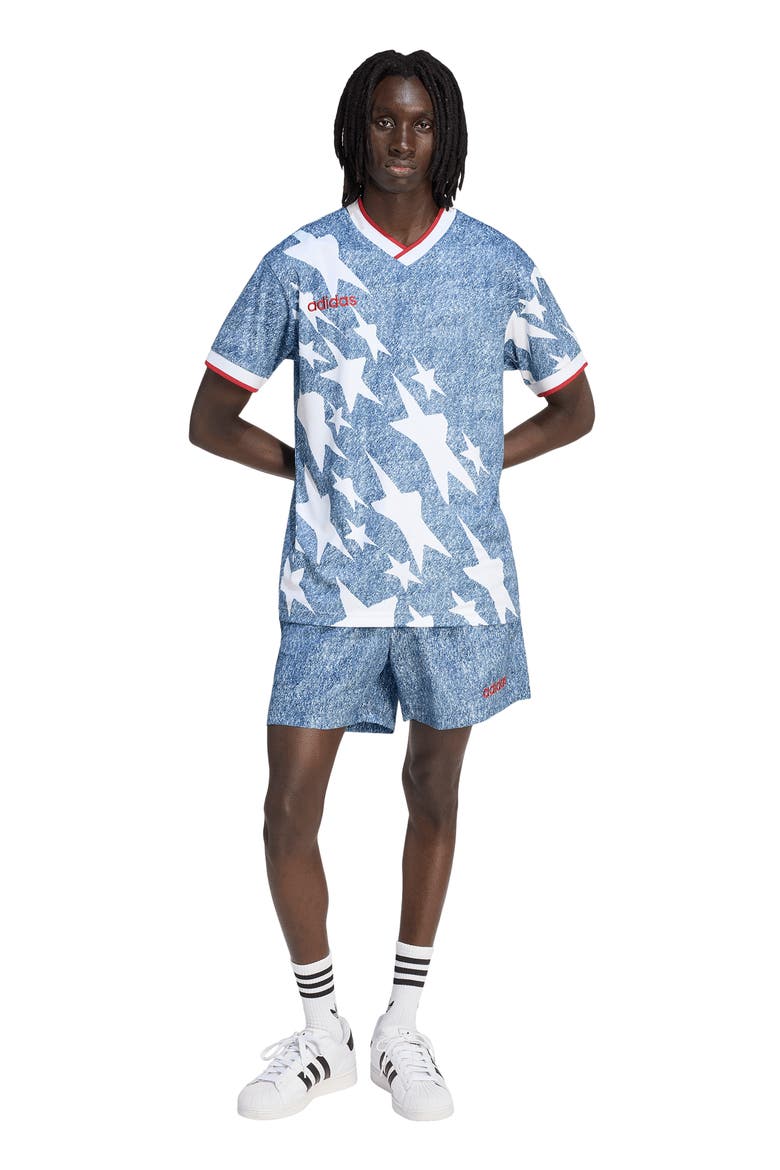 Denim Print Shorts, Alternate, color, WHITE/ DARK BLUE