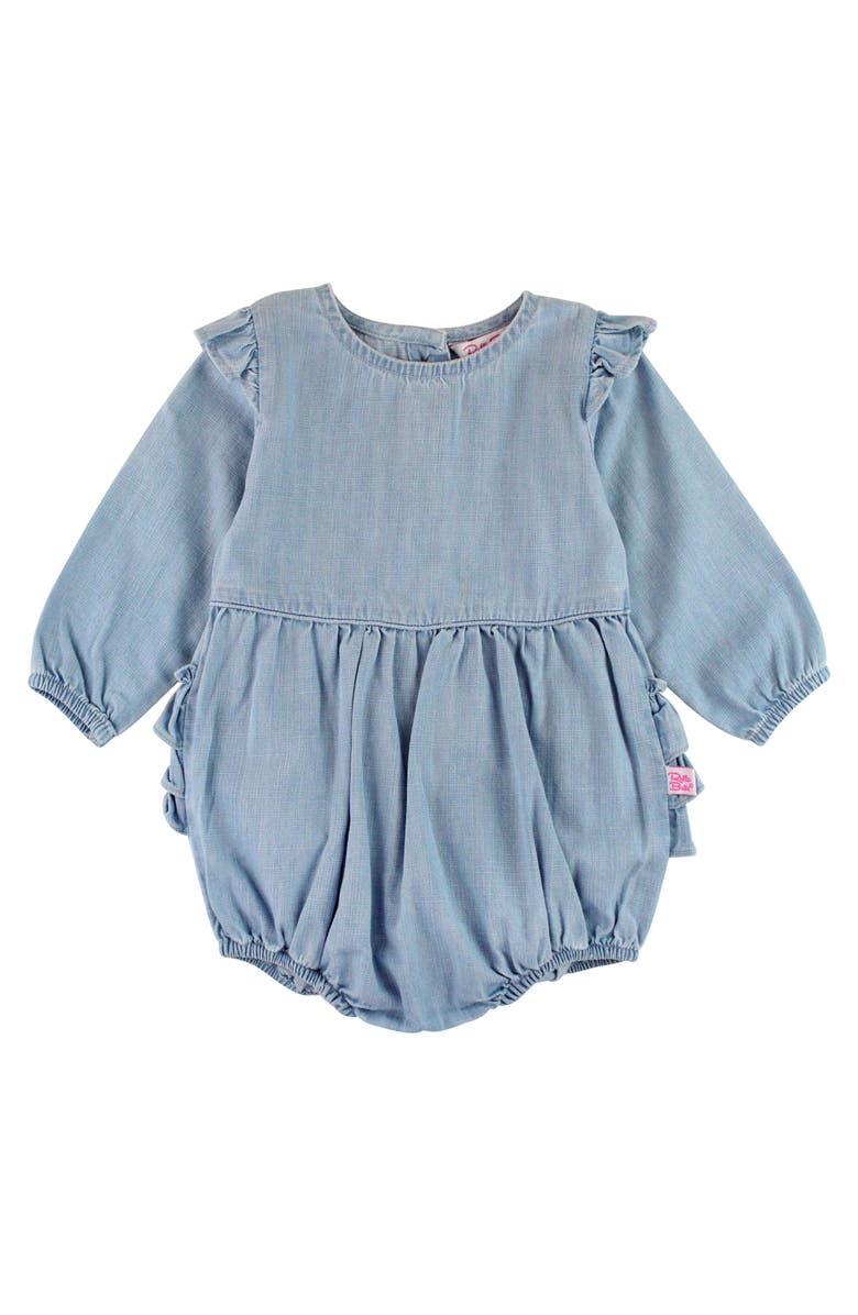 RuffleButts Long Sleeve Flutter Bubble Romper, Main, color, Light Wash