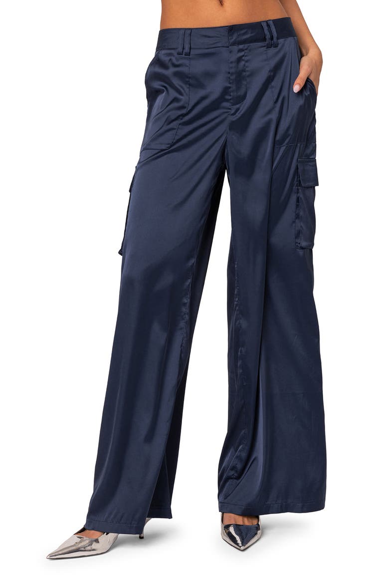 Kelsey Baggy Satin Cargo Pants, Main, color, NAVY