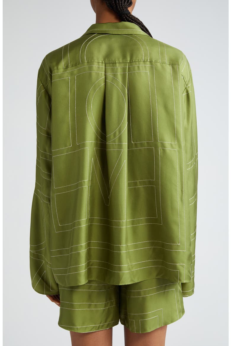 Monogram Embroidered Silk Button-Up Shirt, Alternate, color, LAUREL