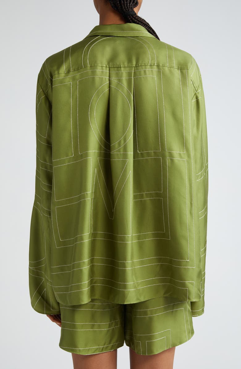 TOTEME Monogram Embroidered Silk Button-Up Shirt, Alternate, color, Laurel