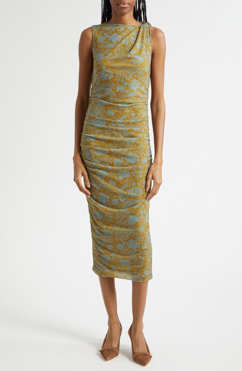Veronica Beard Otessa Floral Print Sleeveless Dress, Main, color, Dark Goldenrod Blue Jay
