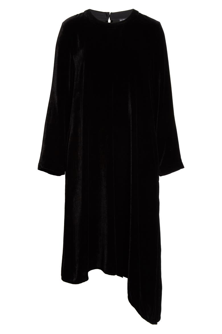 Asymmetrical Hem Velvet Long Sleeve T-Shirt Dress, Alternate, color, BLACK