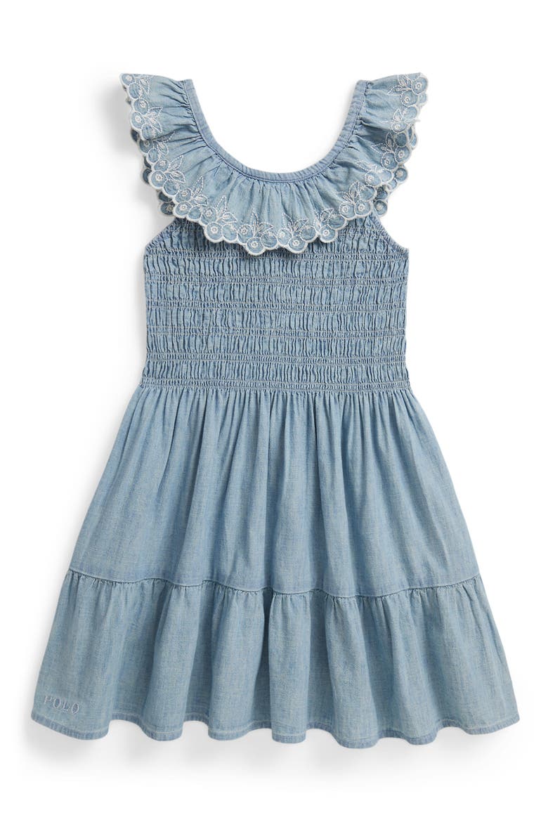 Kids' Embroidered Smocked Bodice Chambray Sundress, Main, color, BLUE
