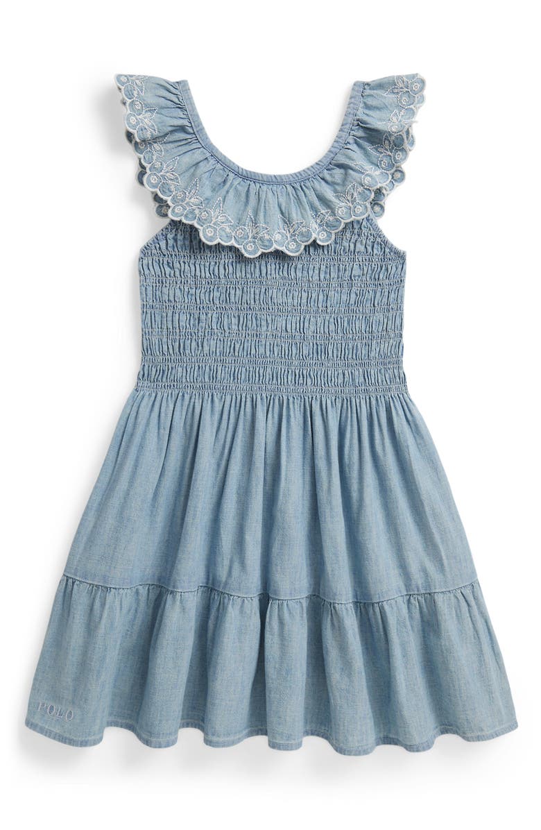 Polo Ralph Lauren Kids' Embroidered Smocked Bodice Chambray Sundress, Main, color, New Medium Wash