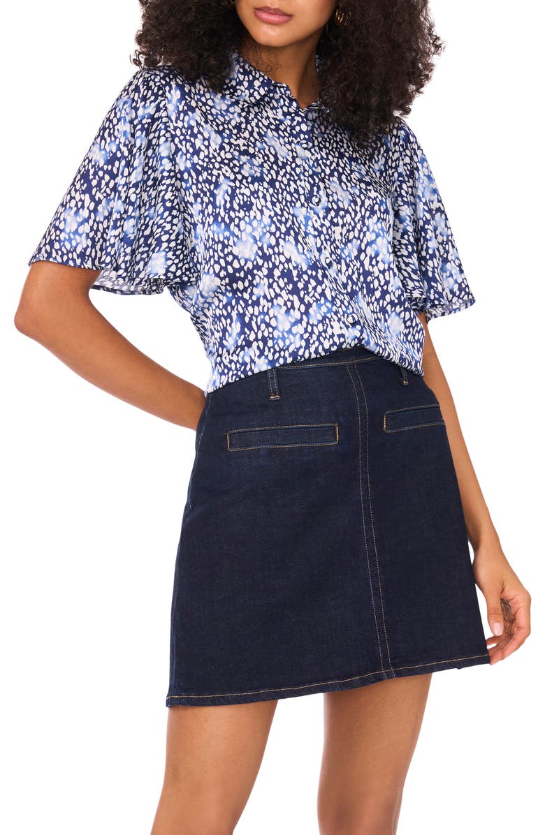 Vince Camuto Abstract Print Flutter Sleeve Button-Up Shirt, Main, color, Classic Navy