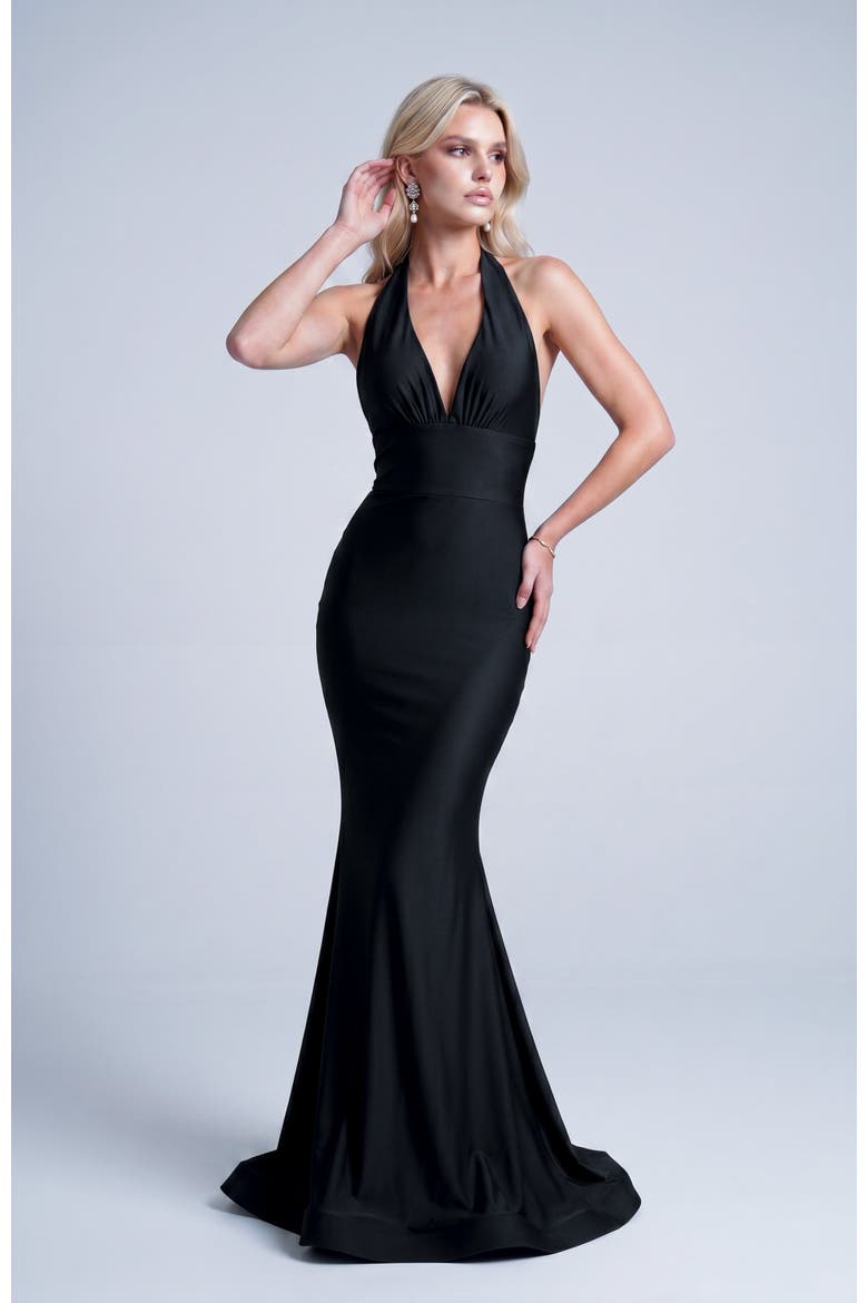 Plunge Gathered Halter Mermaid Gown, Main, color, Black