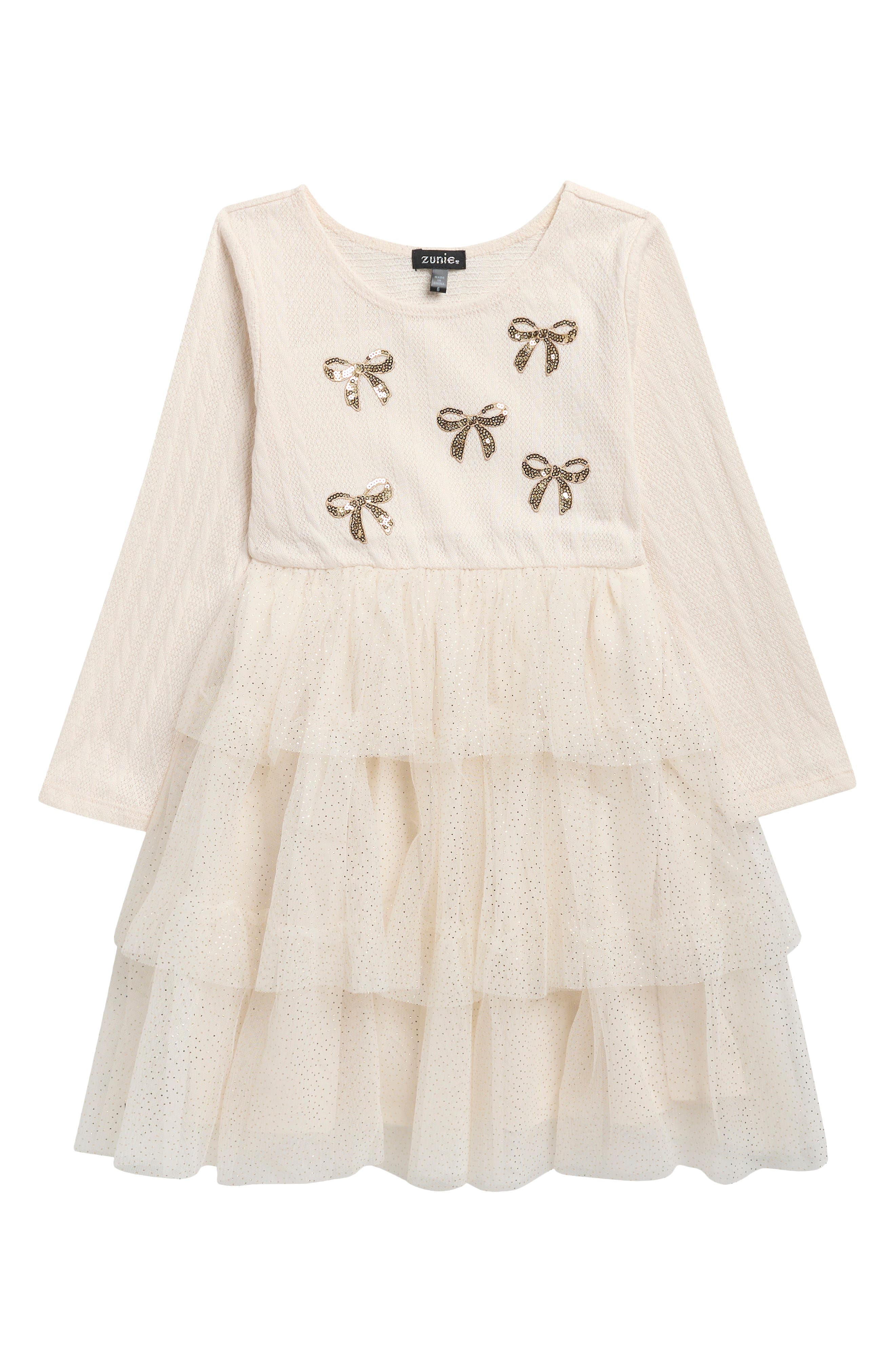 Kids' Sequin Bow Cable Knit & Tiered Mesh Dress