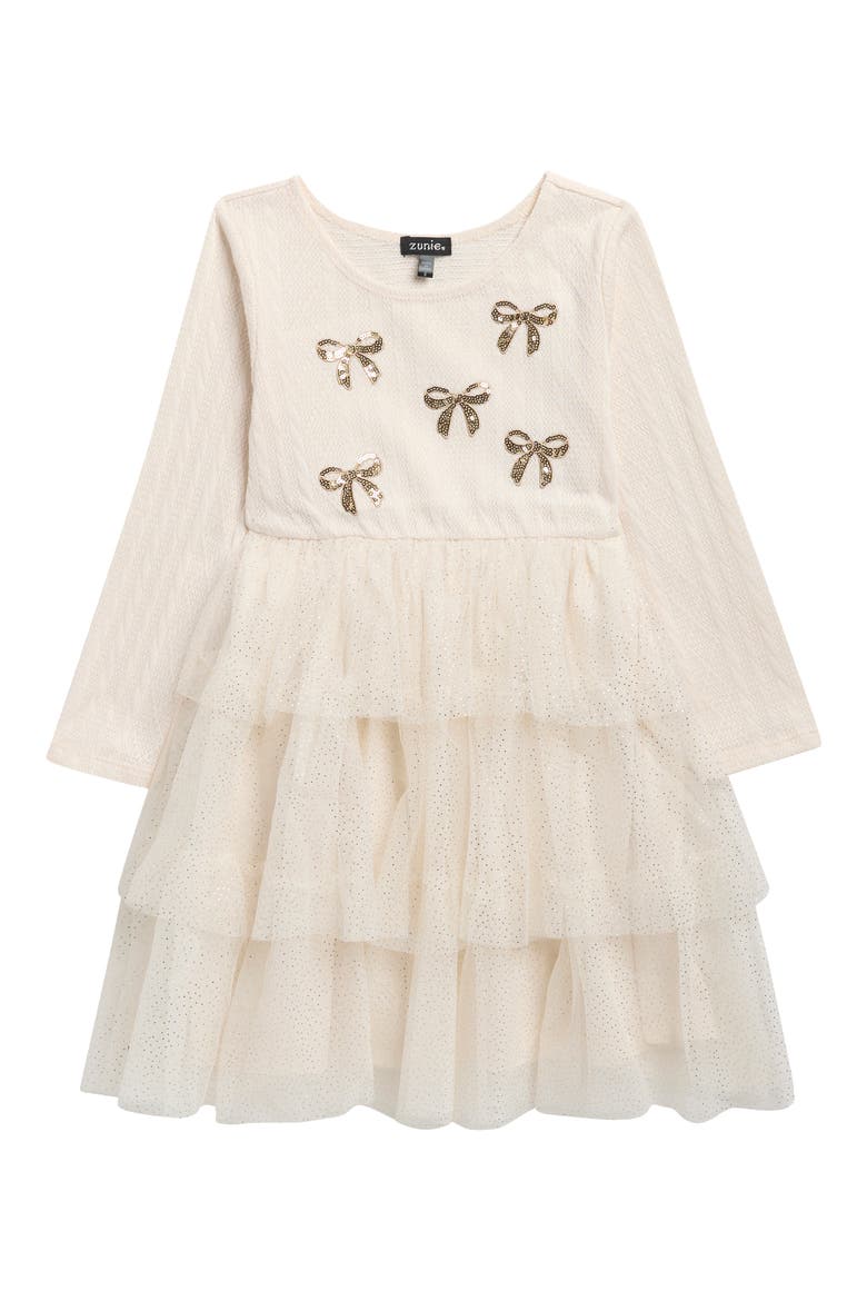 Kids' Sequin Bow Cable Knit & Tiered Mesh Dress, Main, color, IVORY