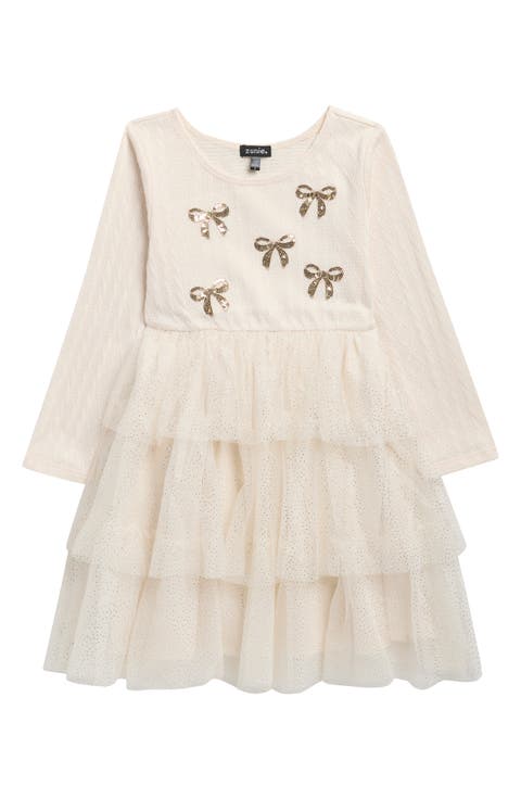 Kids' Sequin Bow Cable Knit & Tiered Mesh Dress