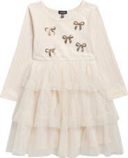 Zunie Kids' Sequin Bow Cable Knit & Tiered Mesh Dress