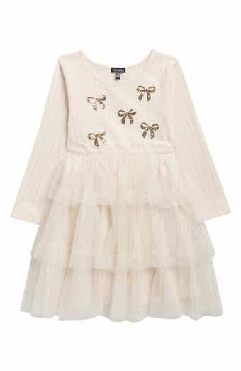 Kids' Sequin Bow Cable Knit & Tiered Mesh Dress