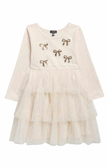 Kids' Sequin Bow Cable Knit & Tiered Mesh Dress