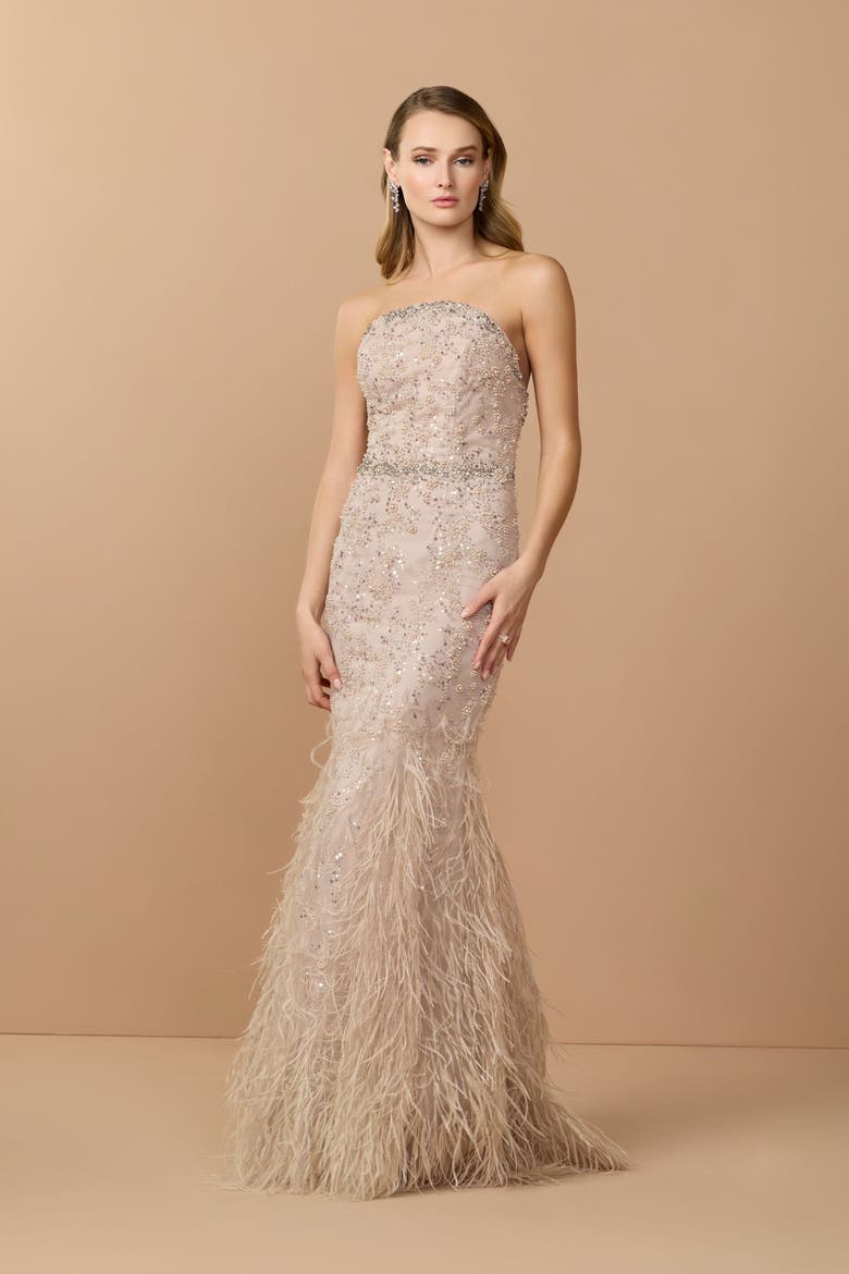 Strapless Beaded Net Trumpet Gown With Feathers, Alternate, color, Champagne