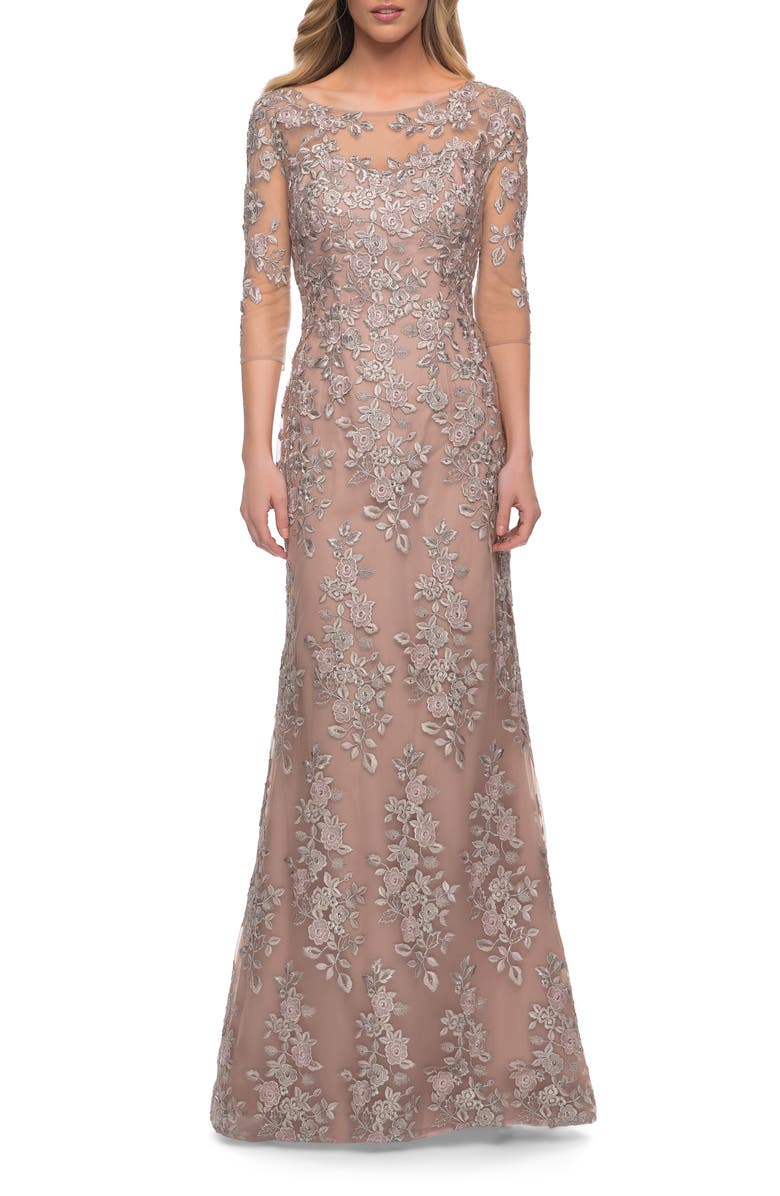 La Femme Gorgeous Lace Long Gown with Three-Quarter Sleeves, Main, color, Champagne