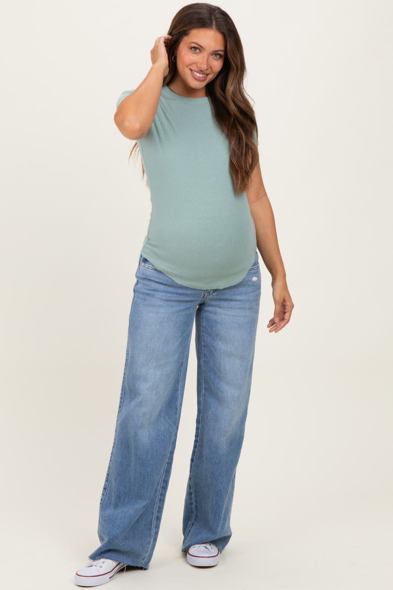 Wash Mid Rise Clean Cut Raw Hem Wide Maternity Jeans, Alternate, color, Blue