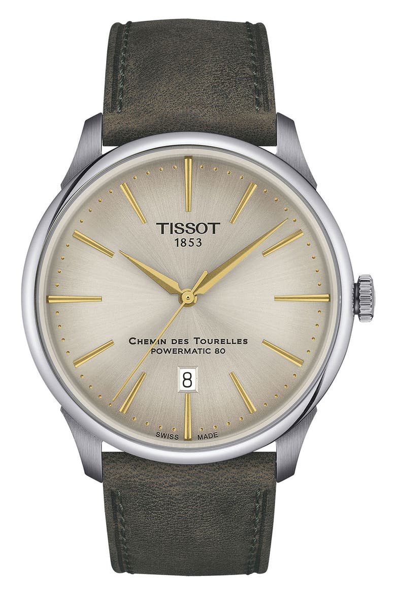 Chemin des Tourelles Leather Strap Watch, 42mm, Main, color, GREEN
