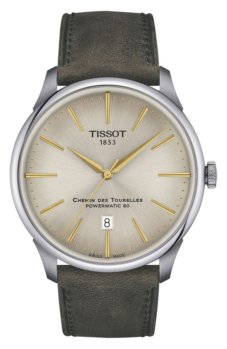 Tissot Chemin des Tourelles Leather Strap Watch, 42mm, Main, color, Green