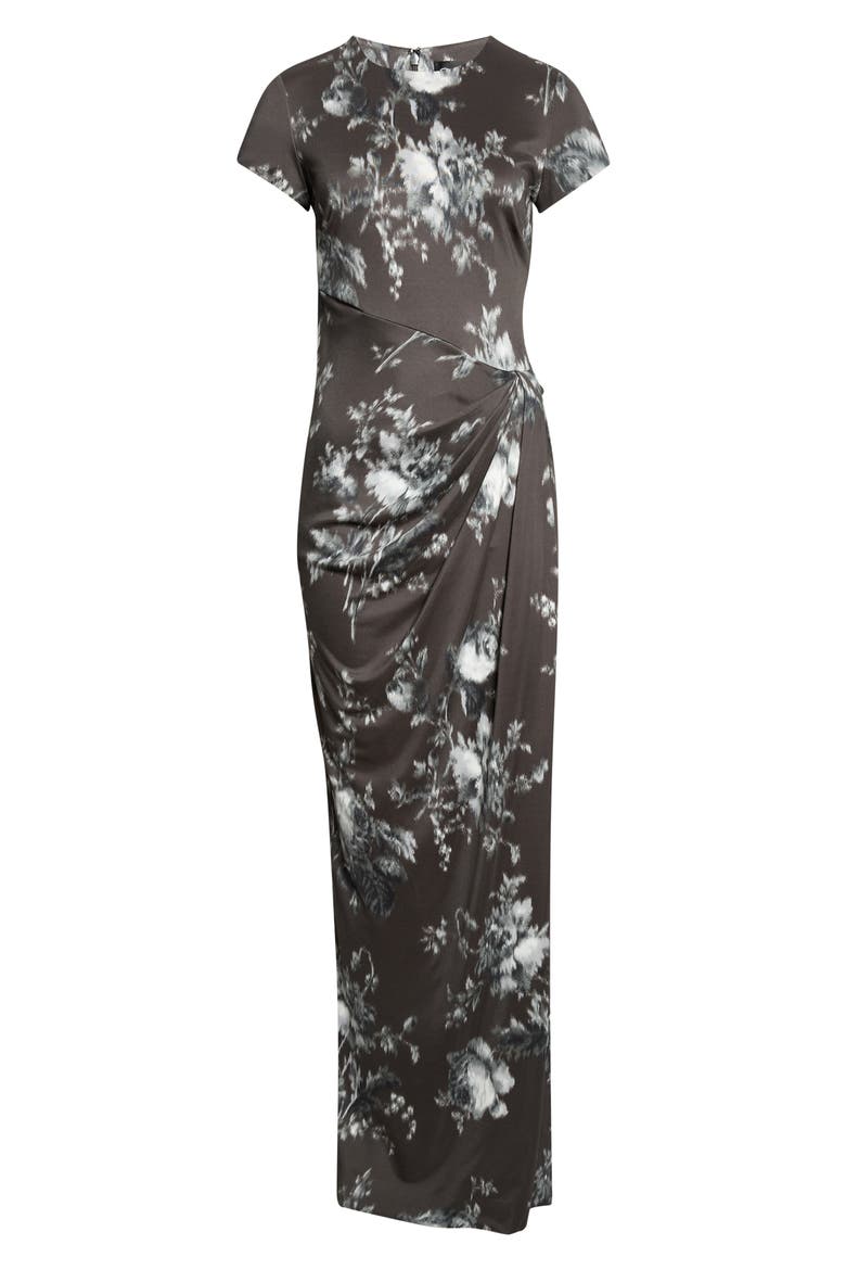 Peony Print Draped Jersey Dress, Main, color, WHITE/ CARBON