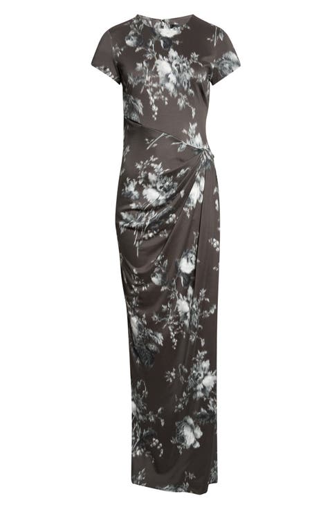 Peony Print Draped Jersey Dress