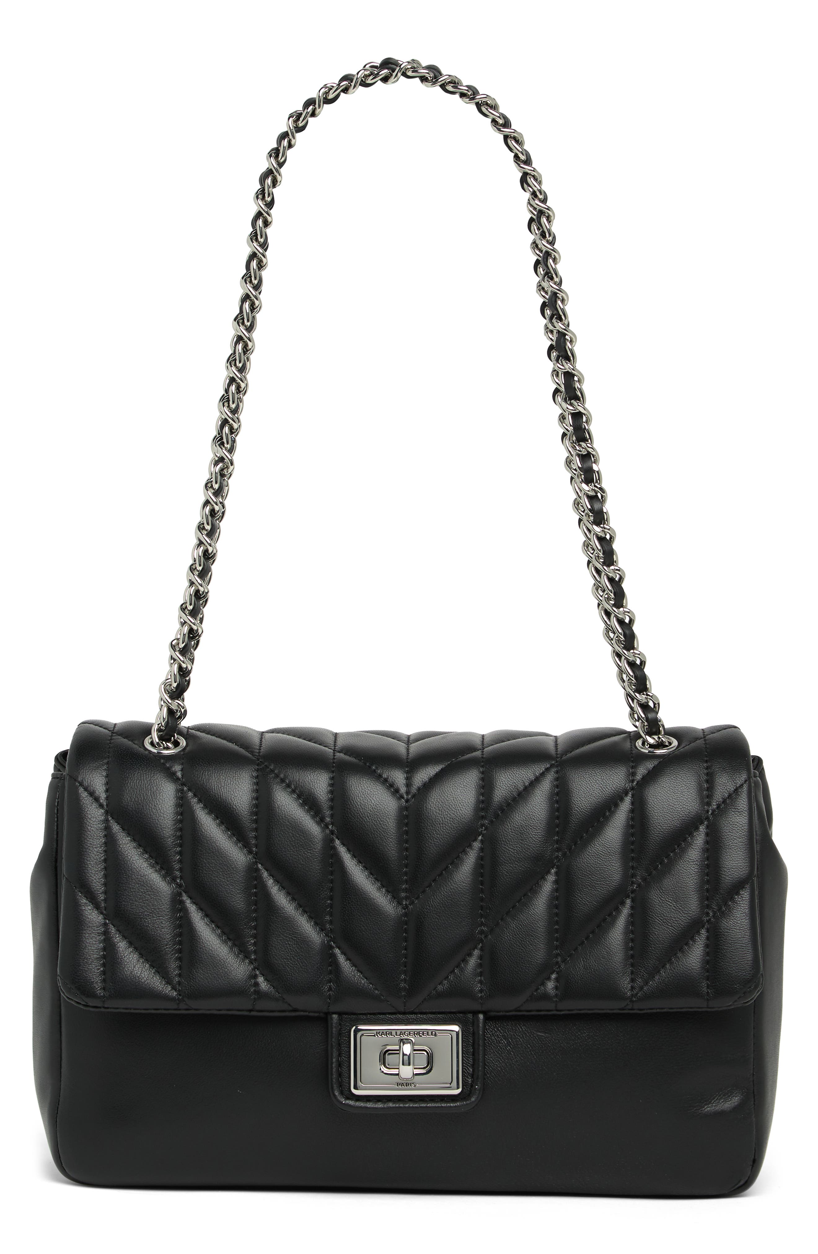 Agyness Large Leather Shoulder Bag, Main, color, BLACK/SILV