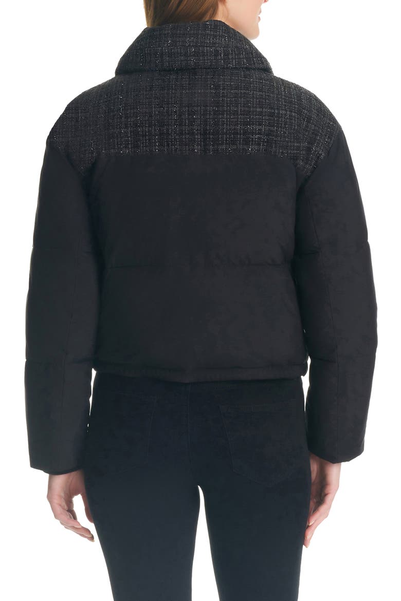 crop tweed mix media puffer jacket, Alternate, color, BLACK
