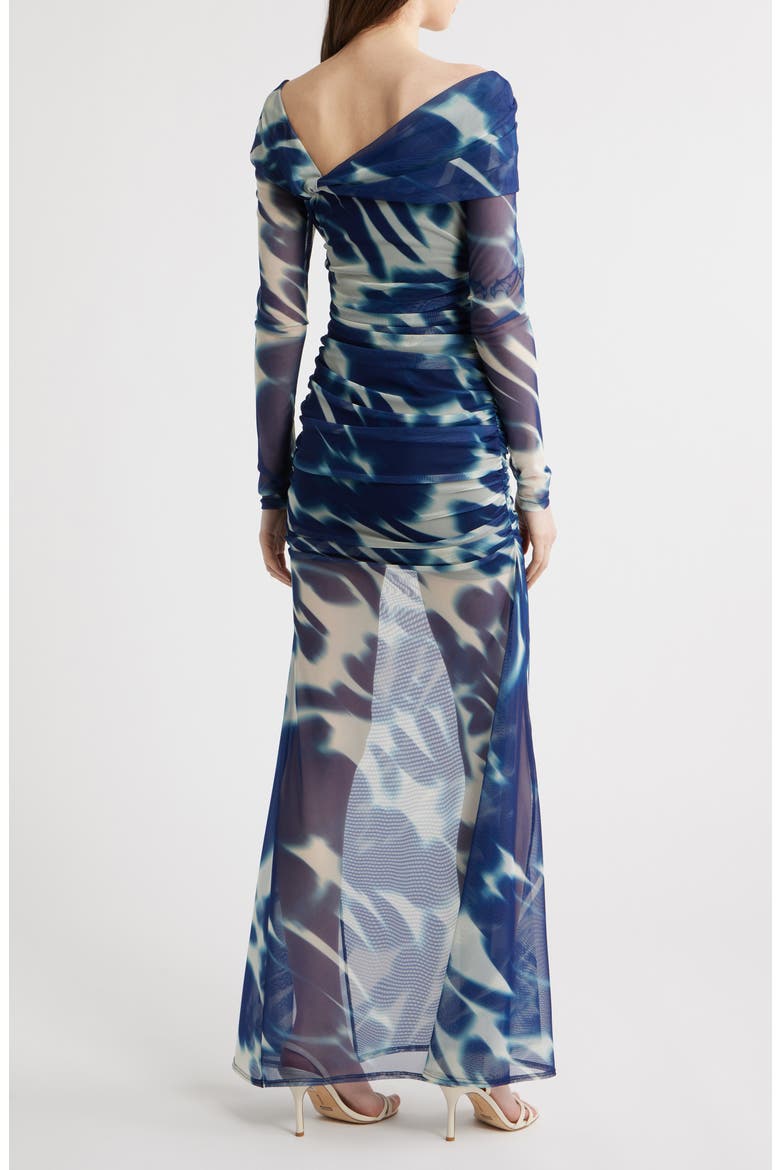 Dina Long Sleeve Ruched Mesh Maxi Dress, Alternate, color, FLORAL WAVE