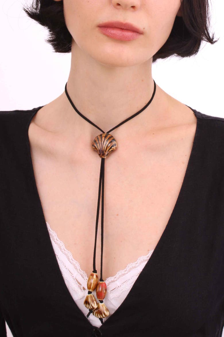 Suede Necklace With Ceramic Seashell Tie Charm, Alternate, color, Black