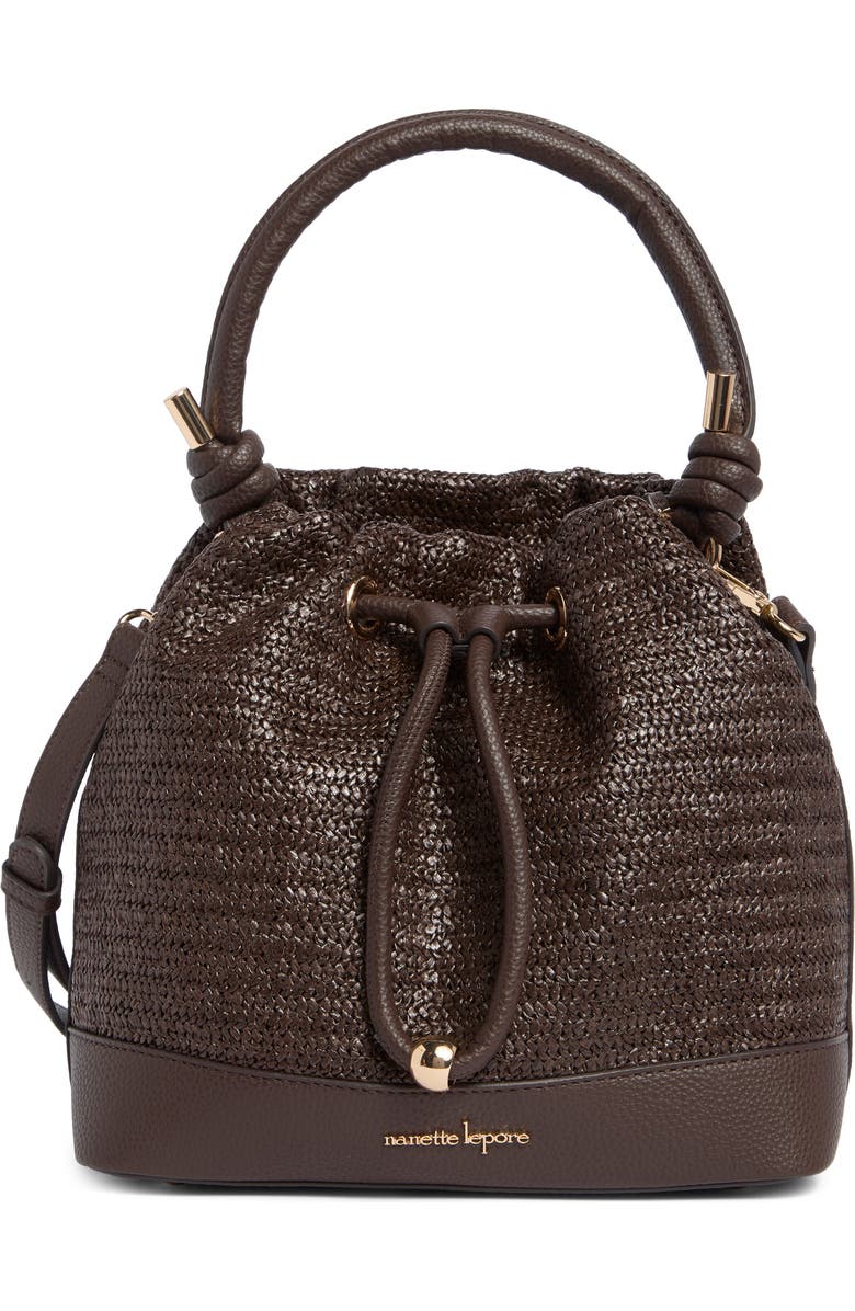 Nanette Lepore Straw Drawstring Convertible Bucket Bag, Main, color, Maple Straw-Maple