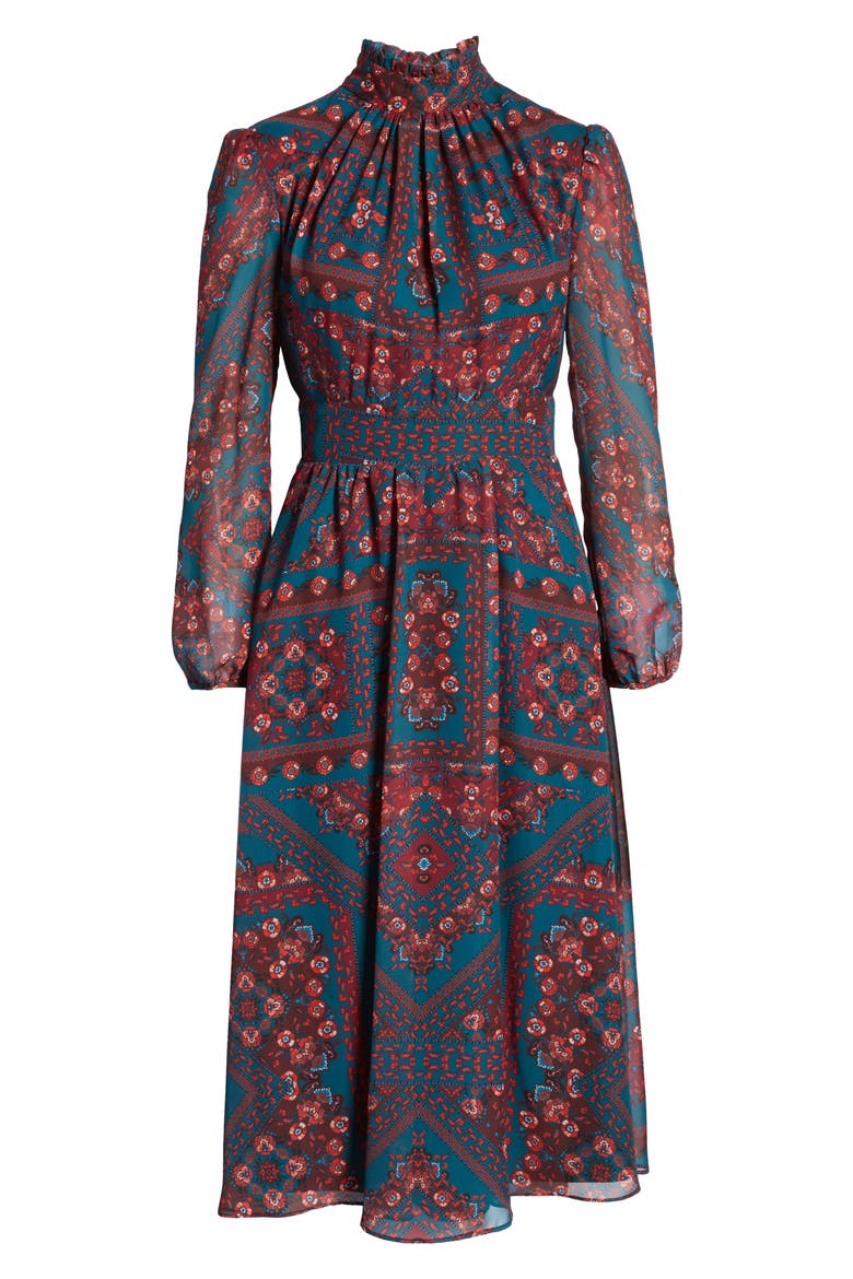 Tile Print Mock Neck Long Sleeve Midi Dress, Alternate, color, TEAL MULTI