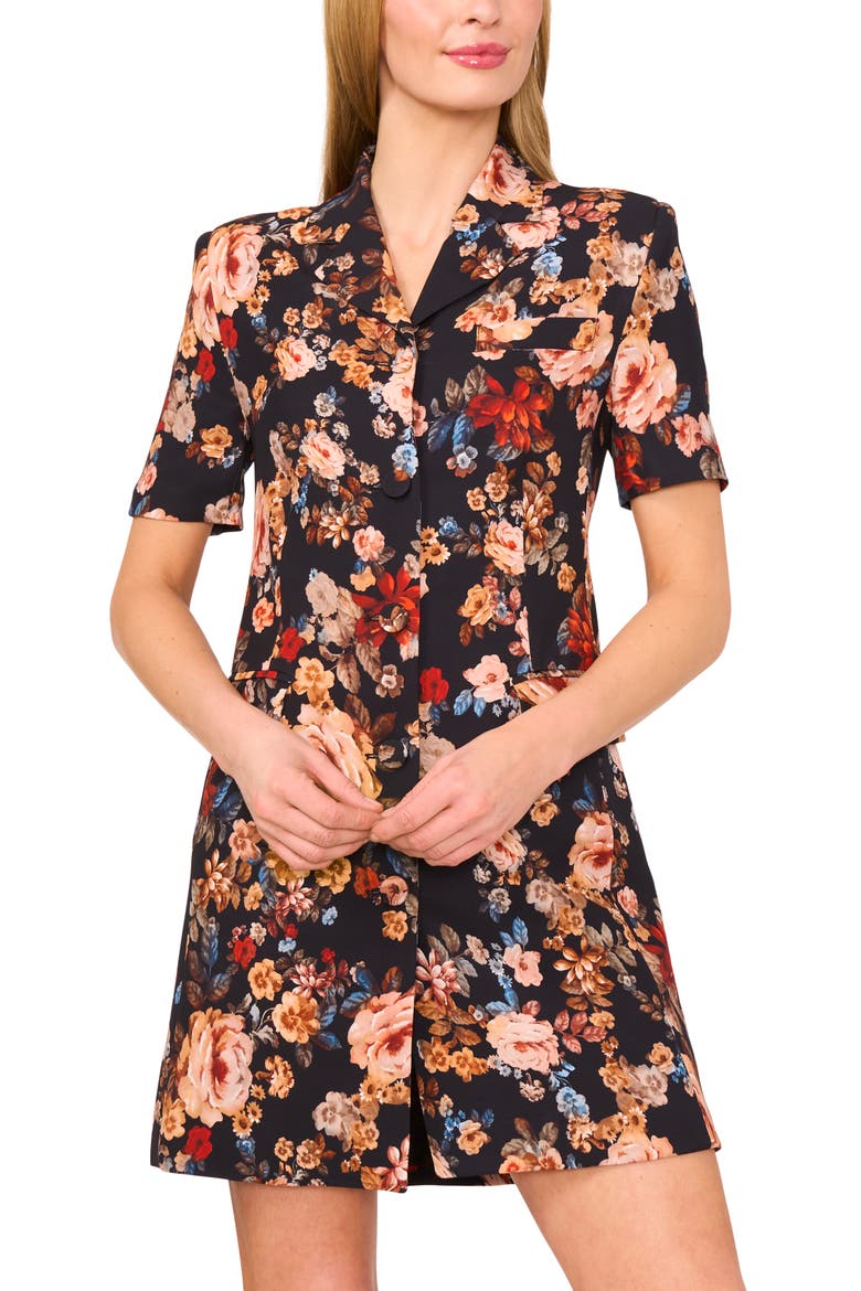 Tailored Floral Short Sleeve Shirtdress, Alternate, color, RICH BLACK