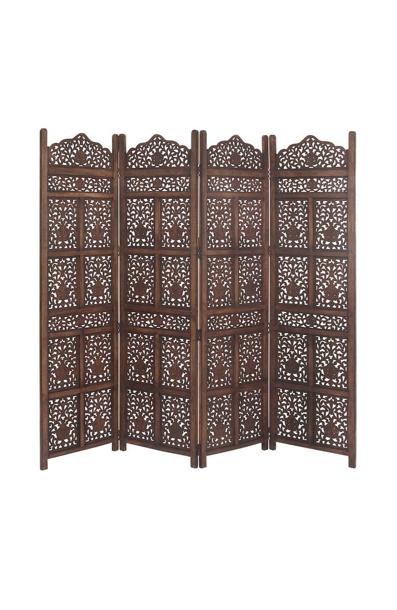 GINGER BIRCH STUDIO Brown Wood Handmade Hinged Foldable Partition Floral Room Divider, Main, color, 