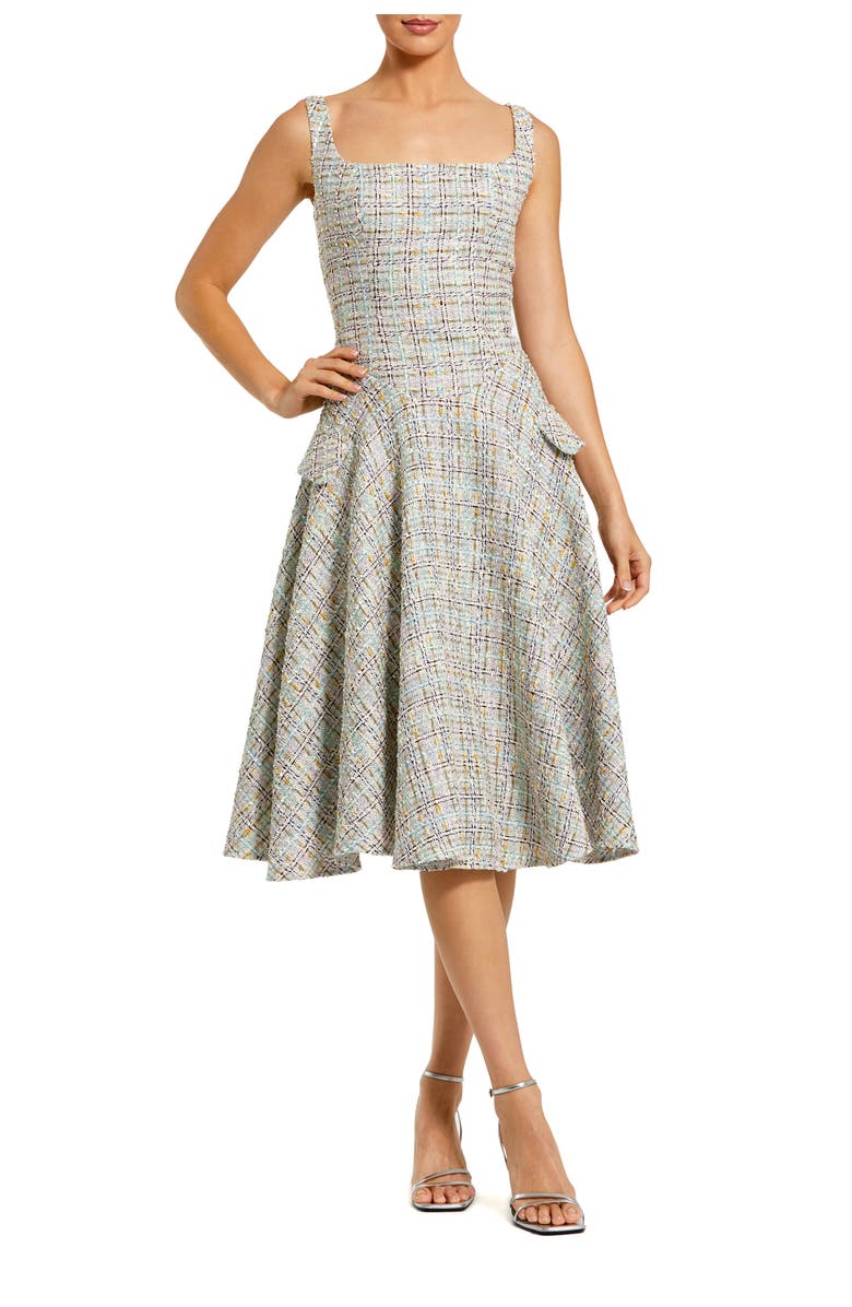 Mac Duggal Sleeveless Drop Waist Boucle Midi Dress, Main, color, Pastel Multi